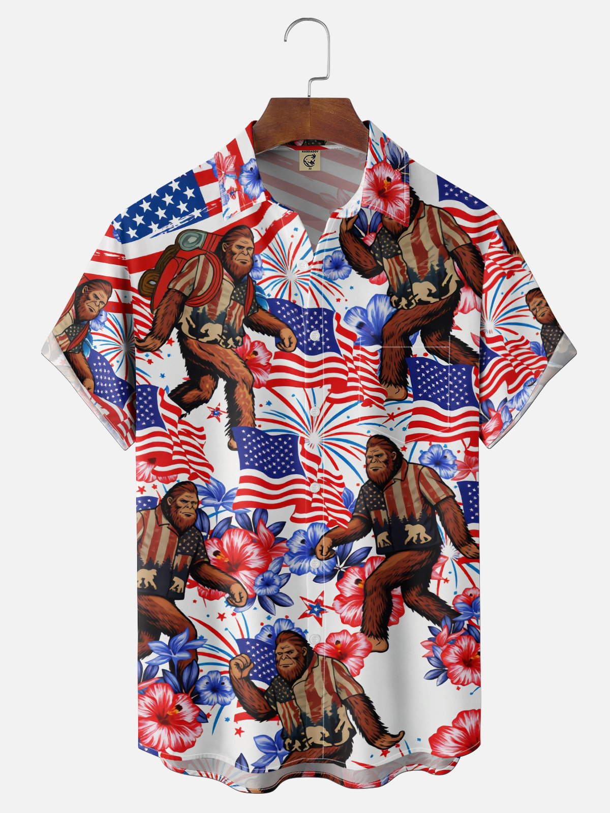 Moisture Wicking American Independence Day Anniversary Flag Plants Flowers Bigfoot Chest Pocke Holiday Hawaiian Shirt
