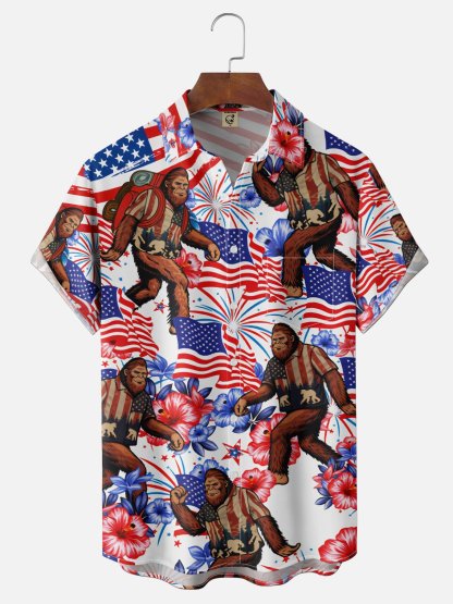 Moisture Wicking American Independence Day Anniversary Flag Plants Flowers Bigfoot Chest Pocke Holiday Hawaiian Shirt