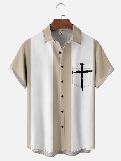 Mens Crucifix Print Casual Breathable Short Sleeve Hawaiian Shirt