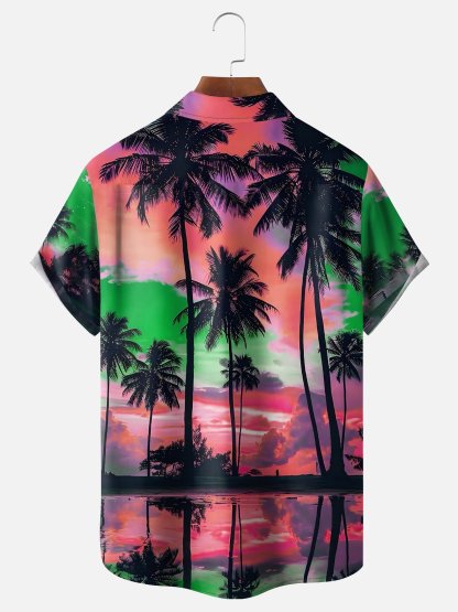 Moisture-wicking Beach Sunset Coconut Tree Chest Pocket Hawaiian Shirt