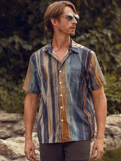 Shirts For Father Leisure Vacation Abstract Gradient Geometric Pattern Hawaiian Style Printed Shirt Top