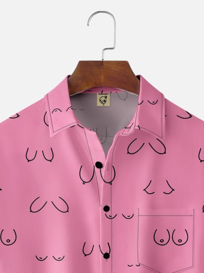 Moisture-wicking Abstract Line Drawing Chest Pocket Hawaiian Pink Boob Shirt For Men