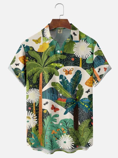 Moisture-wicking Palm Tree Chest Pocket Hawaiian Shirt