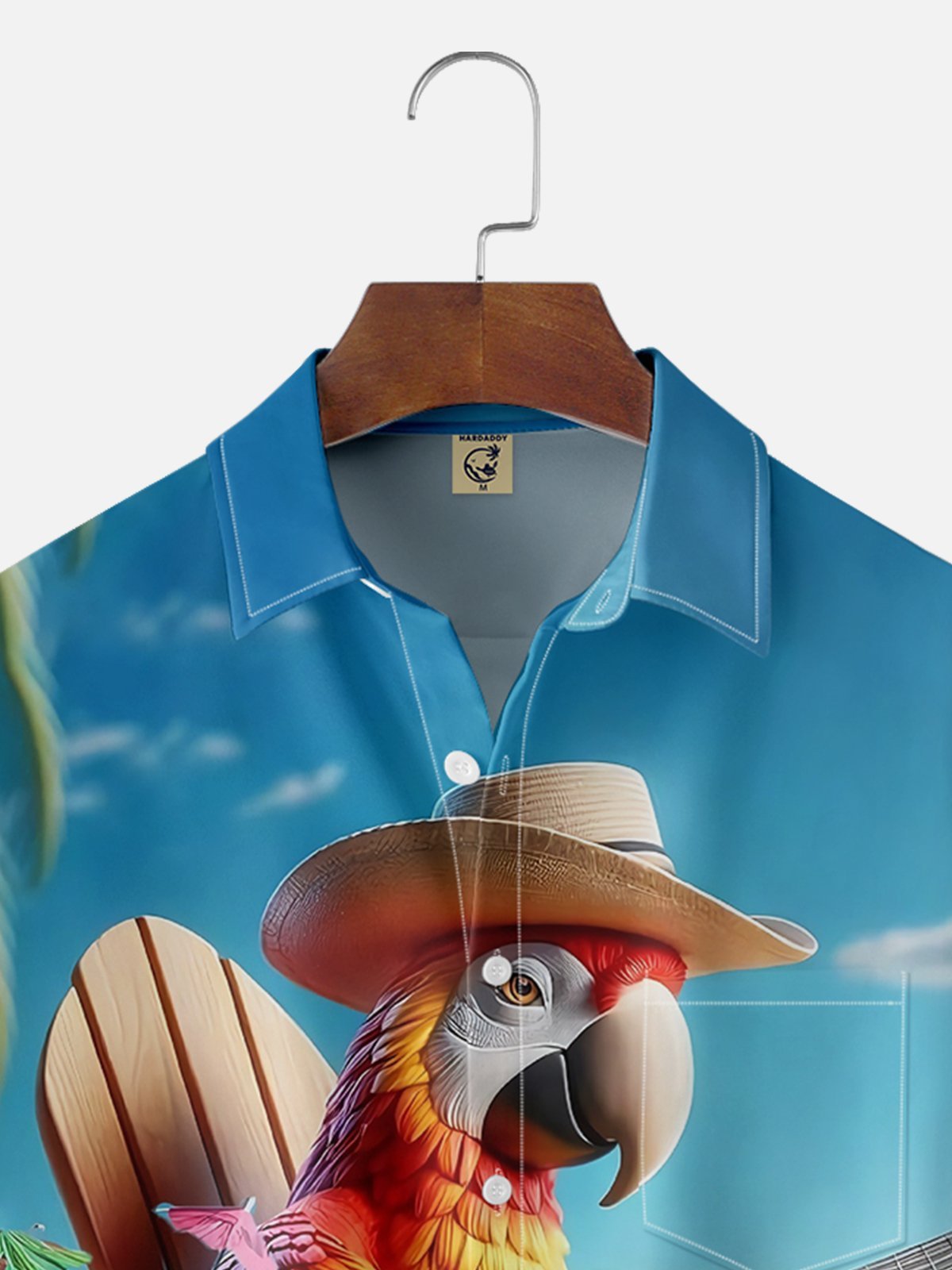 Moisture-wicking Retro Avant-garde Parrot Guitar Beach Cocktail Summer Blue Chest Pocket Hawaiian Shirt