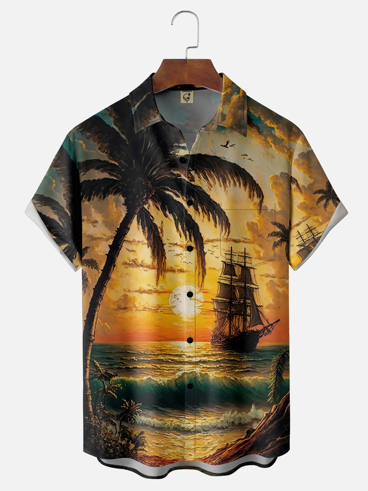 Moisture-wicking Palm Tree Sailing Boat Chest Pocket Hawaiian Shirt