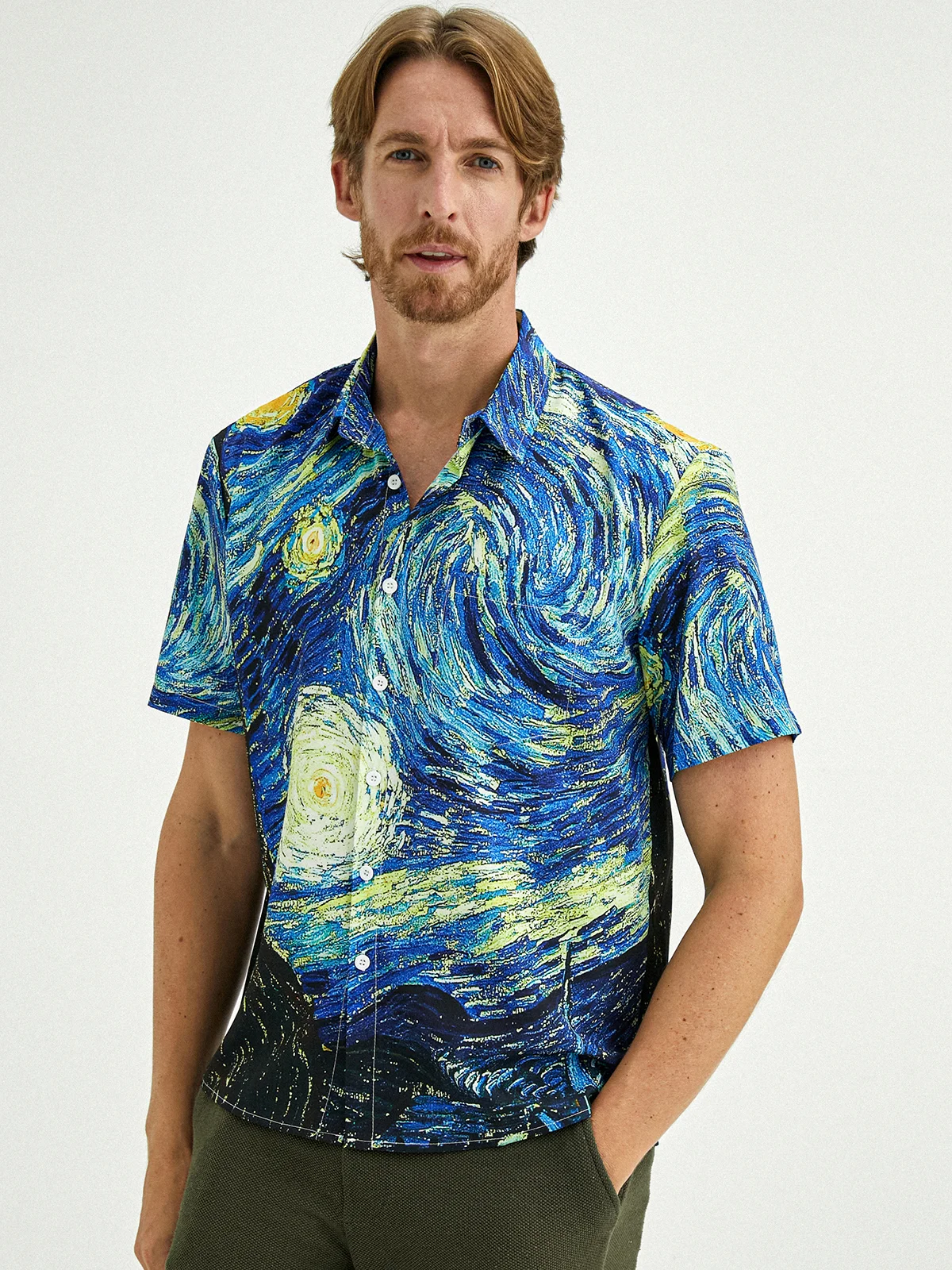 Hardaddy Mens Retro Van Gogh The Starry Night Lapel Loose Short Sleeve Funky Hawaiian Shirt