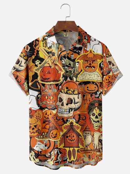 Moisture-Wicking Halloween Skull Pumpkin Beauty Ghost Chest Pocket Hawaiian Shirt