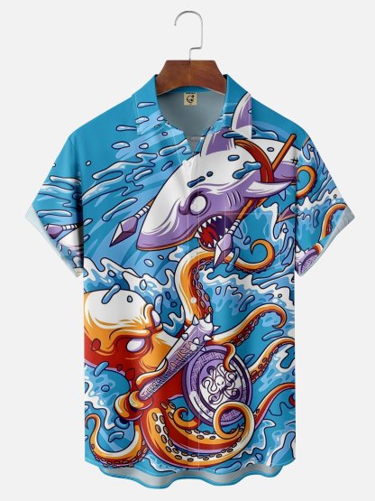 Marine Life Octopus Moisture-wicking Chest Pocket Hawaiian Shirt