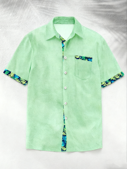 Linen Texture Plant Based Solid Color Patchwork Chest Pocket Holiday Hawaiian Shirt