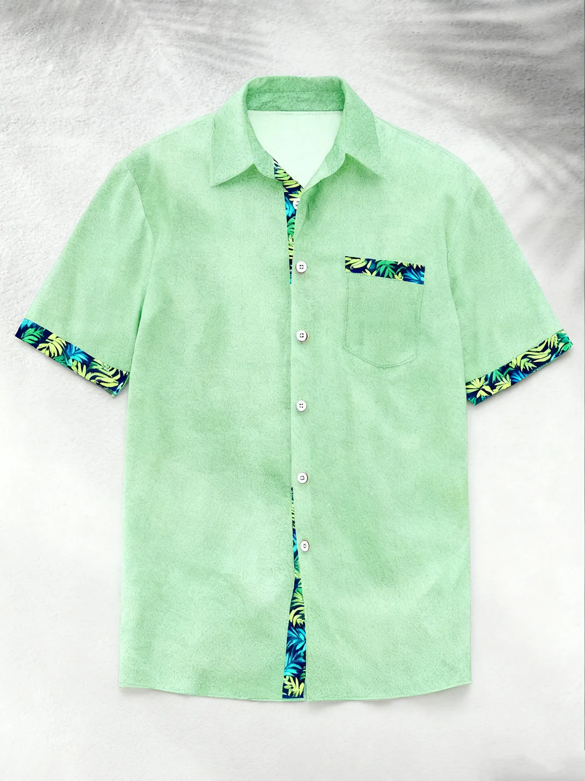 Linen Texture Plant Based Solid Color Patchwork Chest Pocket Holiday Hawaiian Shirt