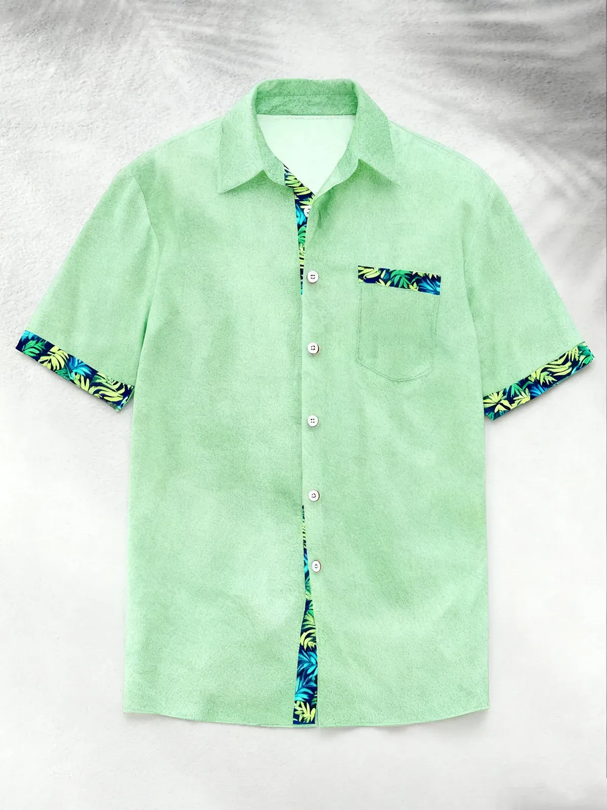 Linen Texture Plant Based Solid Color Patchwork Chest Pocket Holiday Hawaiian Shirt