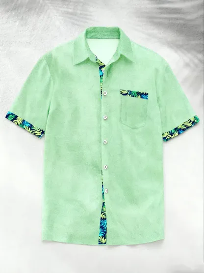 Linen Texture Plant Based Solid Color Patchwork Chest Pocket Holiday Hawaiian Shirt
