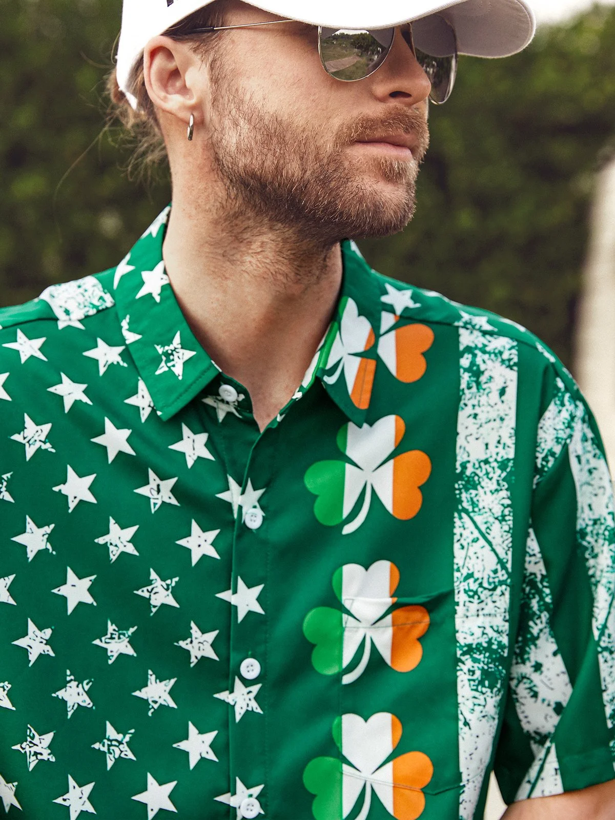 Hawaiian Button Up Shirt for Men Green St. Patrick's Day Lucky Clover American Flag Sharmark Regular Fit Short Sleeve Shirt St Paddy's Day Shirt