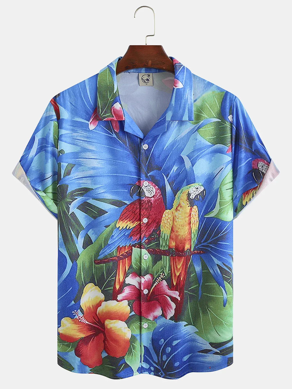 Mens Fancy Hawaiian Floral Parrots Print Casual Short Sleeve Aloha Shirt