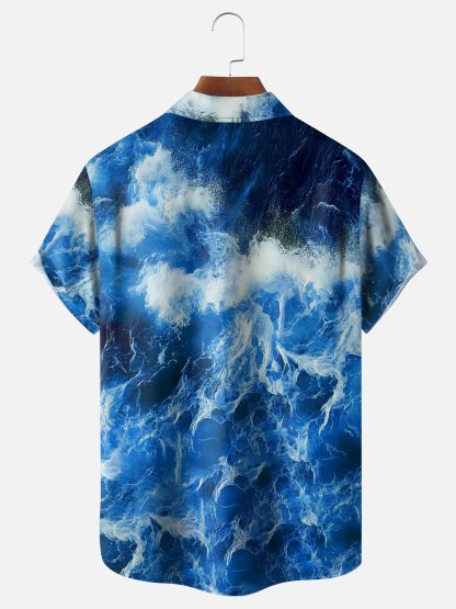 Moisture-wicking Ocean Palm Tree Chest Pocket Hawaiian Shirt