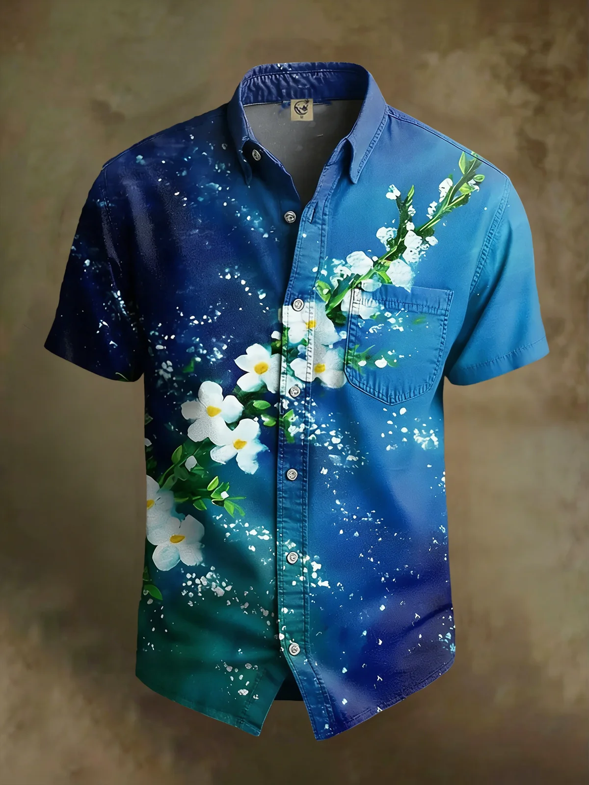 Moisture Wicking Abstract Gradient Floral & Botanical Print and Chest Pocket Holiday Hawaiian Shirt