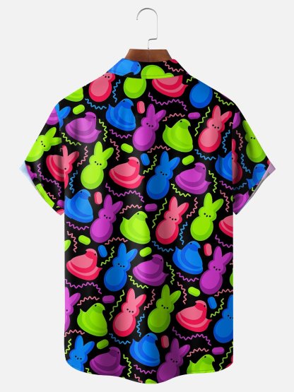 Tall Size Moisture Wicking Easter Egg Bunny Chest Pocket Hawaiian Shirt