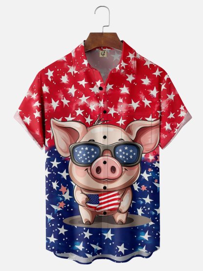 Moisture-wicking American Independence Day Memorial Day Pig Chest Pocket Casual Shirt
