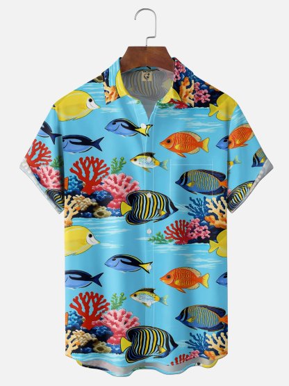 Moisture-Wicking Ombré Fish & Coral Chest Pocket Hawaiian Shirt