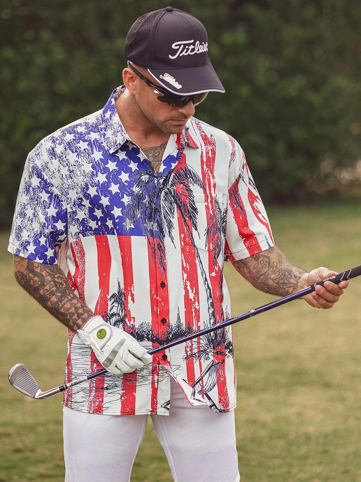 Patriotic Hawaiian Shirts Flag Coconut Tree Chest Pocket Short Sleeve Casual Shirt