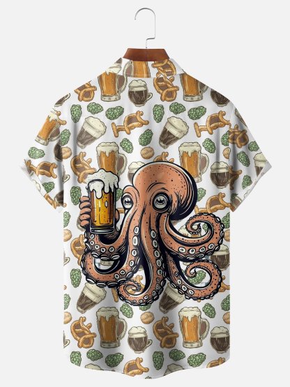 Moisture-wicking Beer Octopus Chest Pocket Hawaiian Shirt