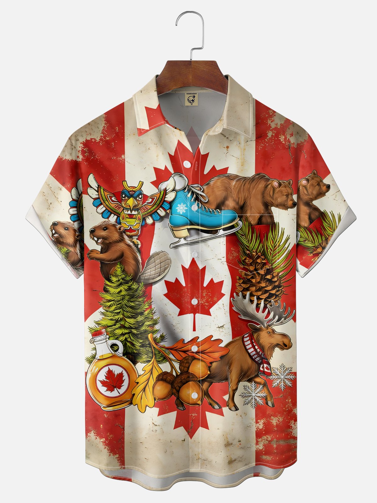 Moisture-Wicking Canadian Heritage Maple Leaf Flag Beaver Moose Pattern Chest Pocket Hawaiian Shirt