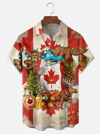Moisture-Wicking Canadian Heritage Maple Leaf Flag Beaver Moose Pattern Chest Pocket Hawaiian Shirt