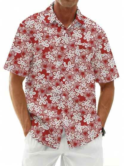 Linen Texture Plants Flowers Cherry Blossoms Chest Pocket Holiday Hawaiian Shirt