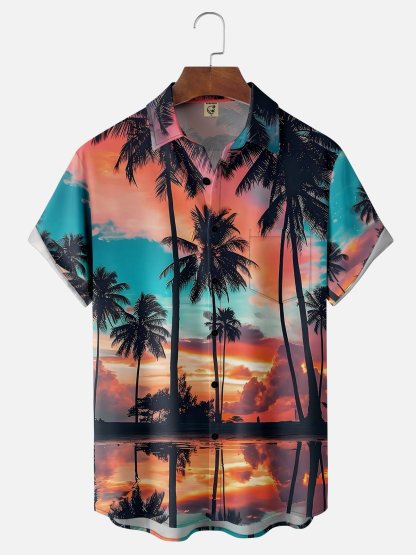 Moisture-wicking Beach Sunset Coconut Tree Chest Pocket Hawaiian Shirt