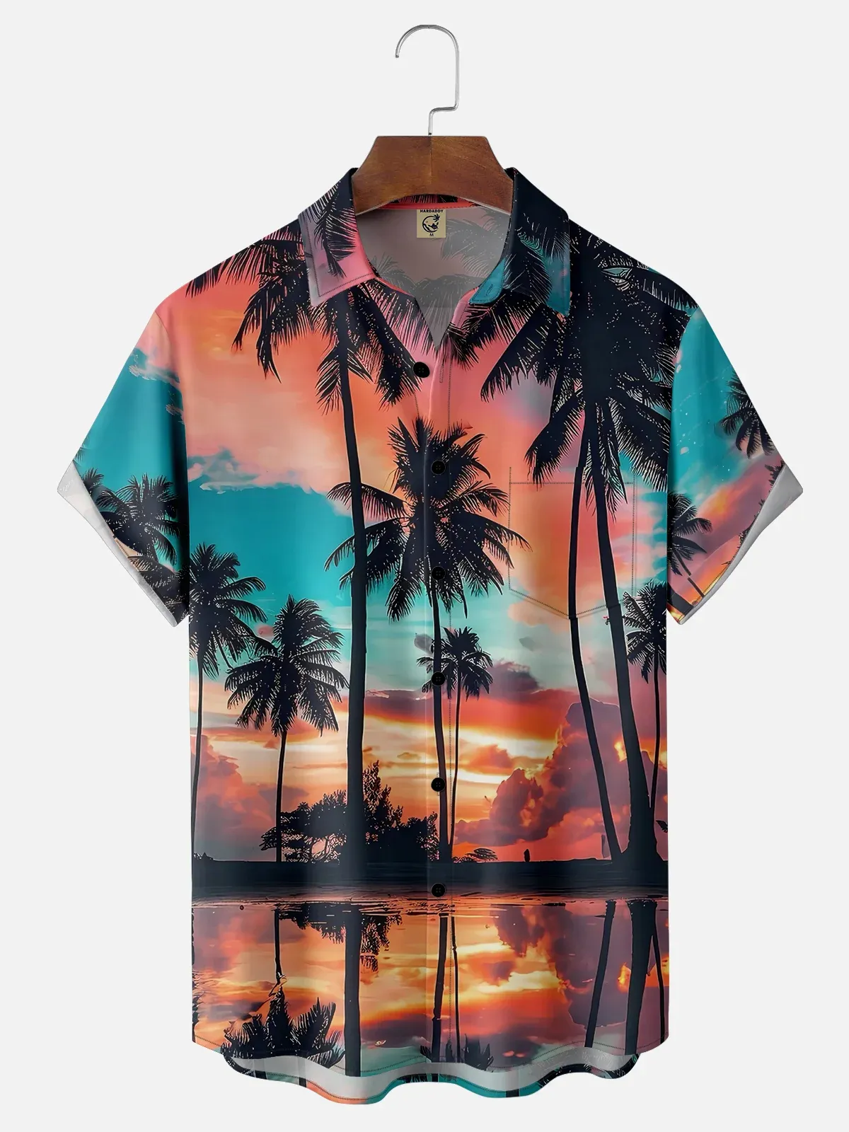 Tall Size Moisture-wicking Beach Sunset Coconut Tree Chest Pocket Hawaiian Shirt