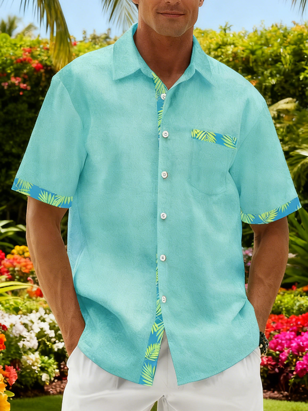 Moisture Wicking Solid Color With Floral Patchwork Chest Pocket Holiday Hawaiian Shirt