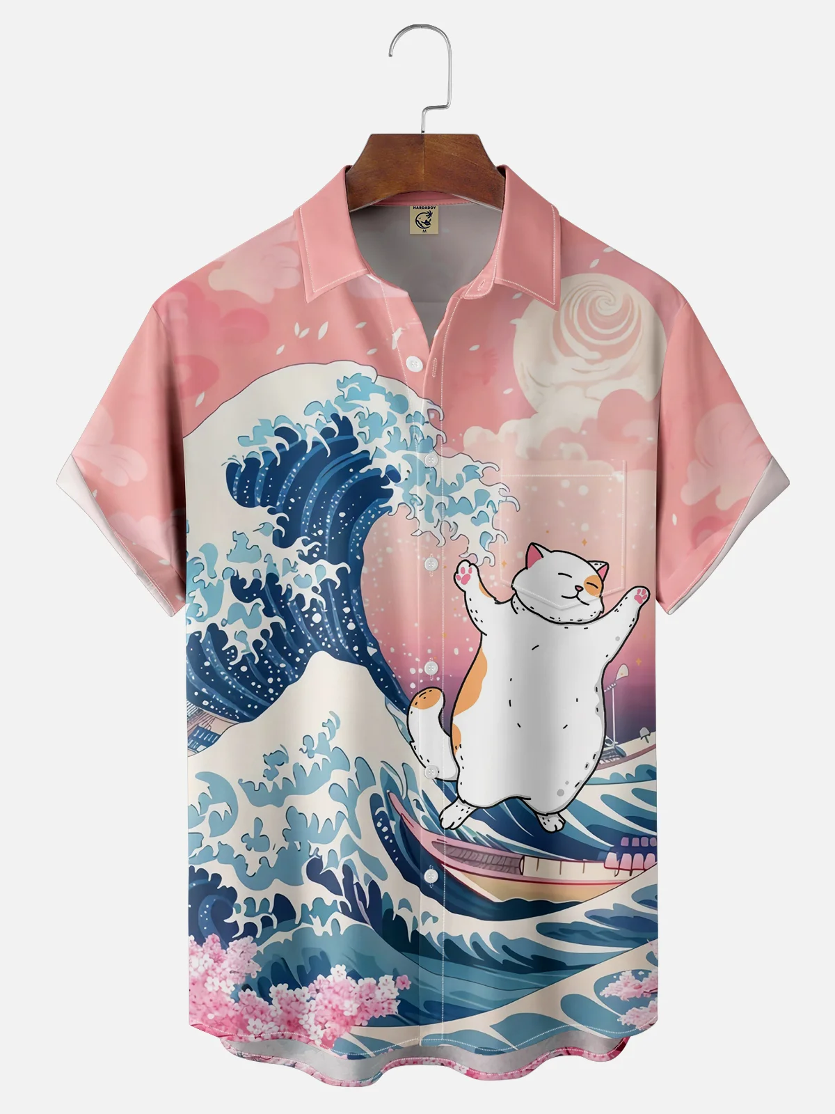 Artist Kimprut Imut Japanese Ukiyo-e Wave Cat Chest Pocket Hawaiian Shirt