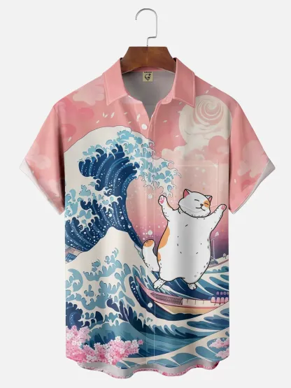 Artist Kimprut Imut Japanese Ukiyo-e Wave Cat Chest Pocket Hawaiian Shirt