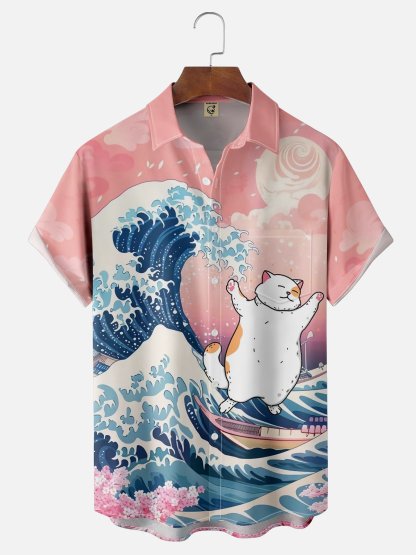 X Artist Kimprut Imut Japanese Ukiyo-e Wave Cat Chest Pocket Hawaiian Shirt