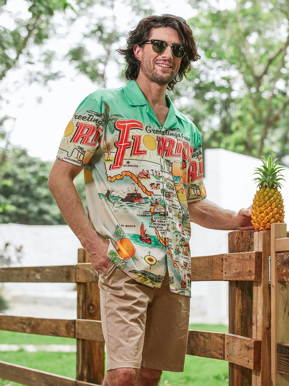 Moisture-wicking Vacation Map Chest Pocket Hawaiian Shirt