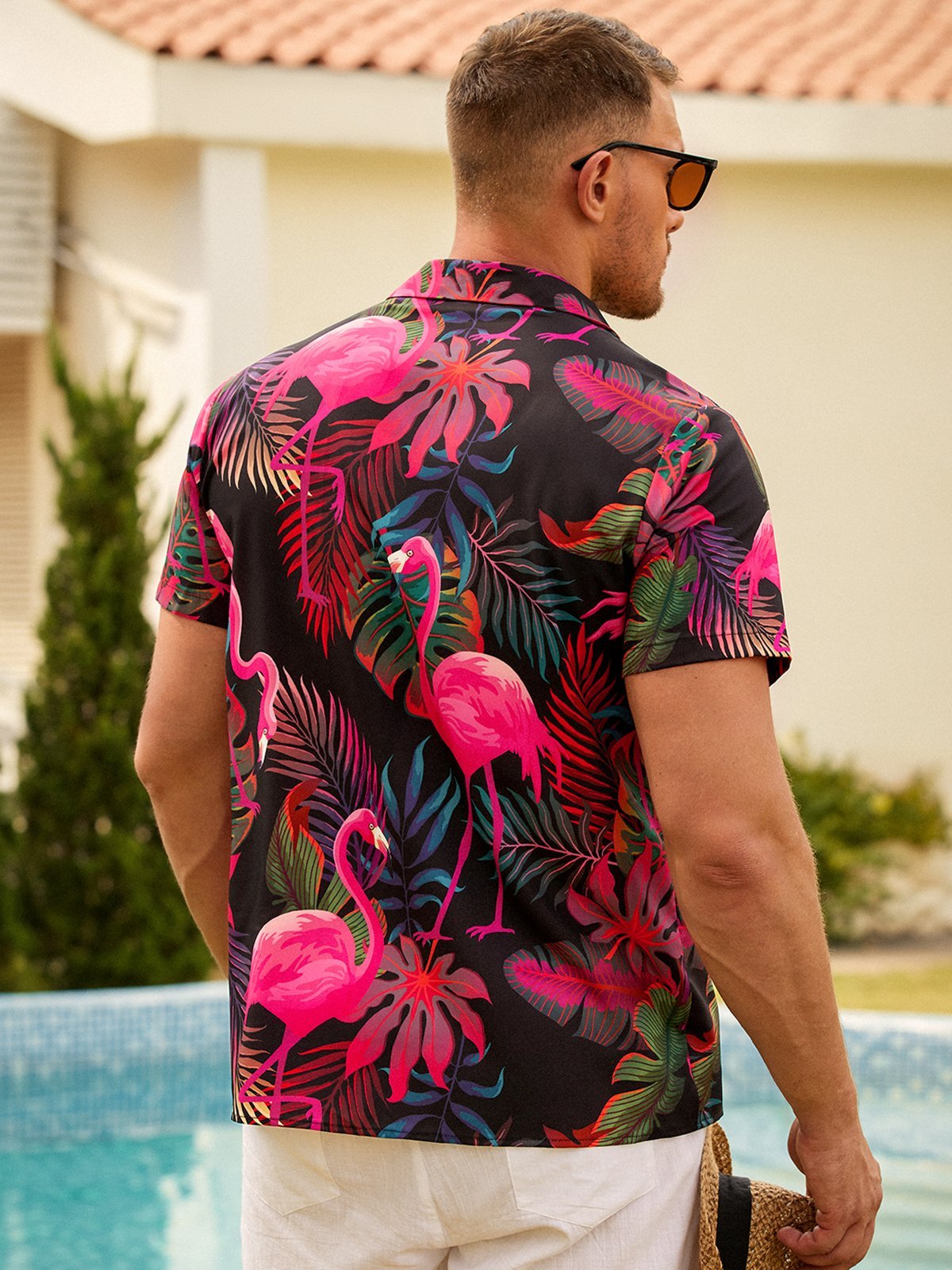 Men's Botanical Flamingo Print Casual Short Sleeve Hawaiian Shirt