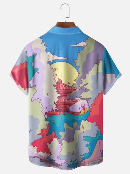 x Stephen Wade Moisture Wicking Abstract Art Landscape Chest Pocket Hawaiian Shirt