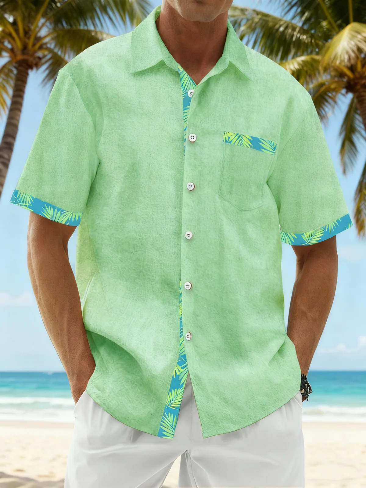 Moisture Wicking Solid Color With Floral Patchwork Chest Pocket Holiday Hawaiian Shirt