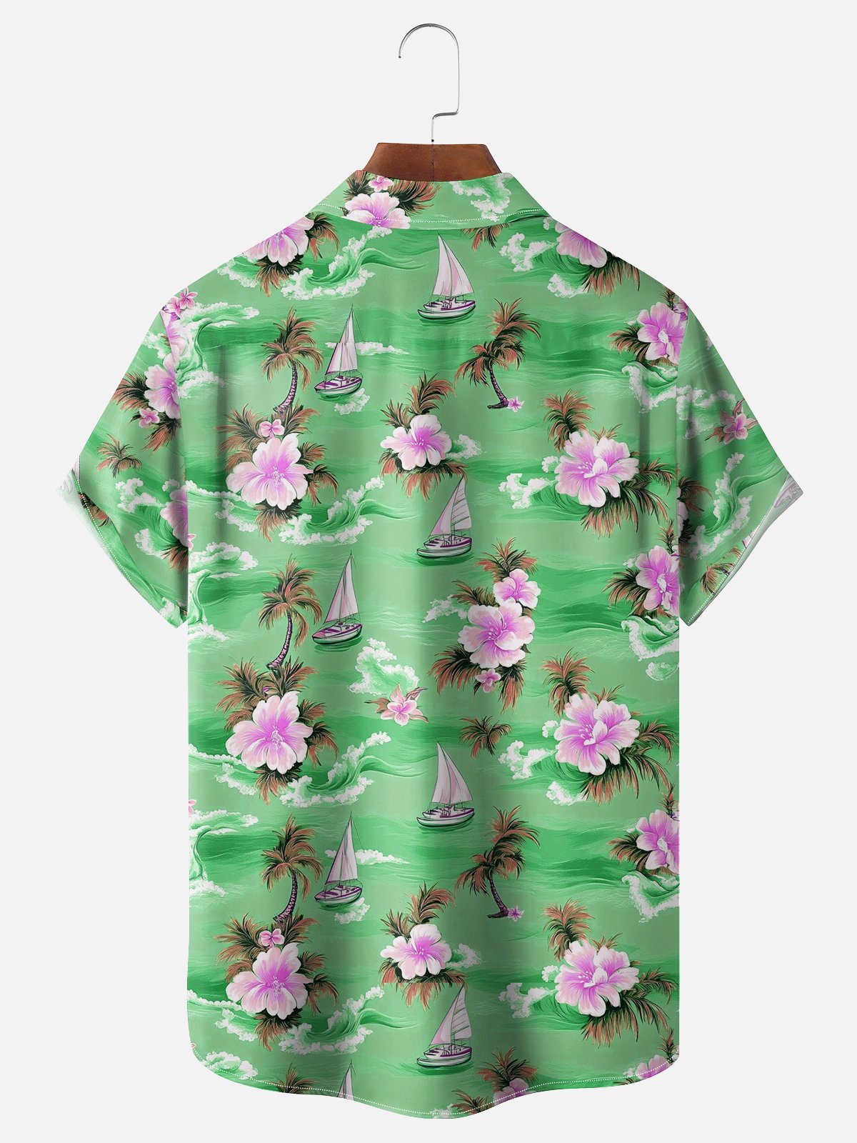 Moisture-wicking Palm Tree Hibiscus Flower Sailing Boat Chest Pocket Hawaiian Shirt