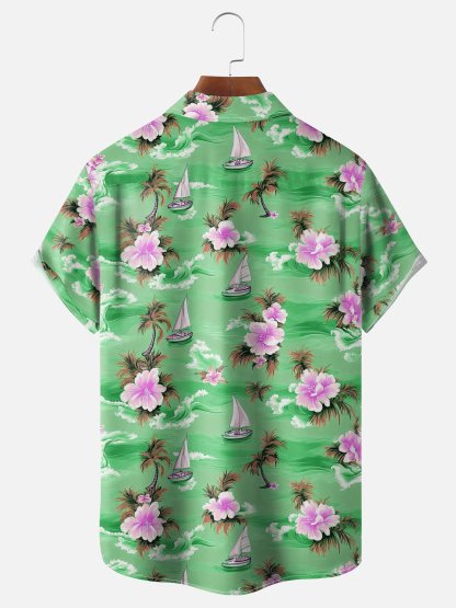 Moisture-wicking Palm Tree Hibiscus Flower Sailing Boat Chest Pocket Hawaiian Shirt