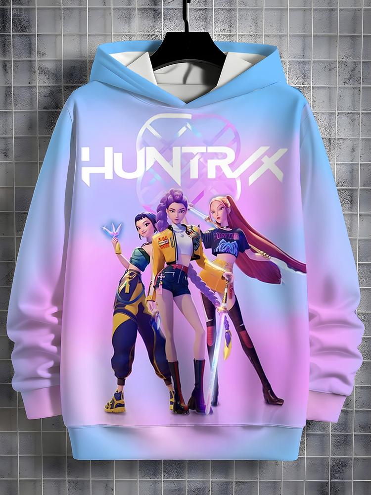 Girls Kpop Demon Hunters Korean Fashion Hoodie, Gradient Color Anime Print Sweatshirt, Casual Spring & Fall Clothing, Christmas Gift