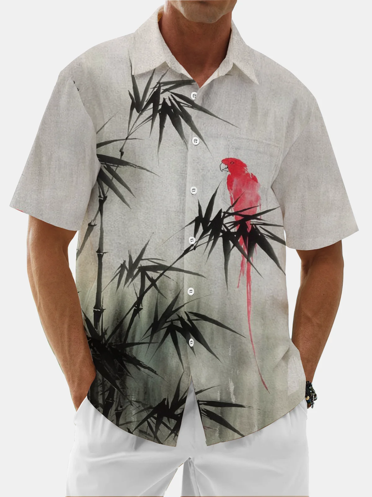 Moisture Wicking Plant Parrot Chest Pocket Hawaiian Shirt