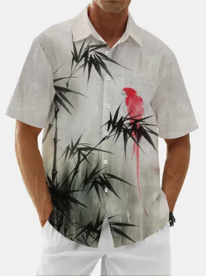 Moisture Wicking Plant Parrot Chest Pocket Hawaiian Shirt