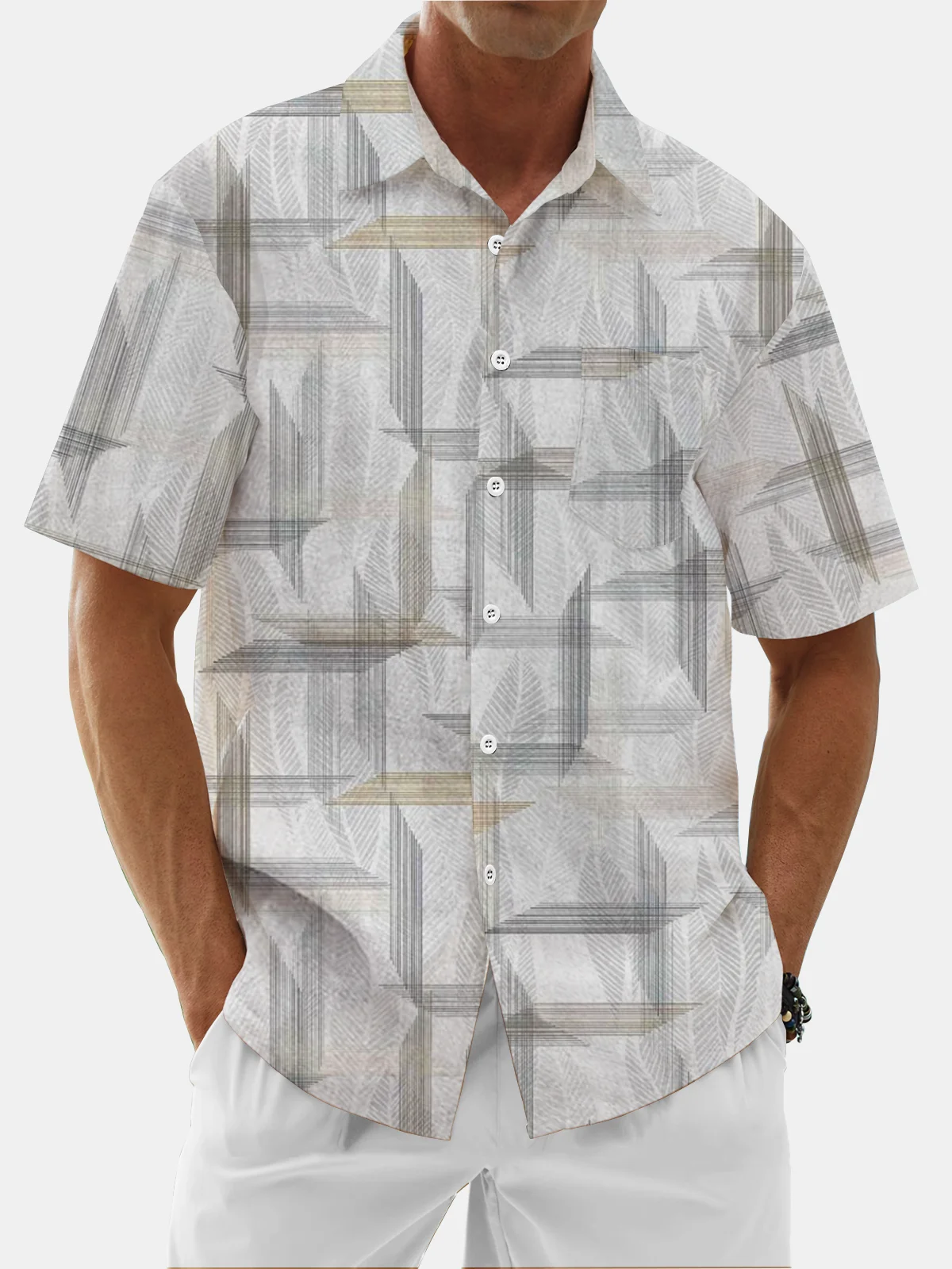 Moisture Wicking Geometric Lines Chest Pocket Hawaiian Shirt