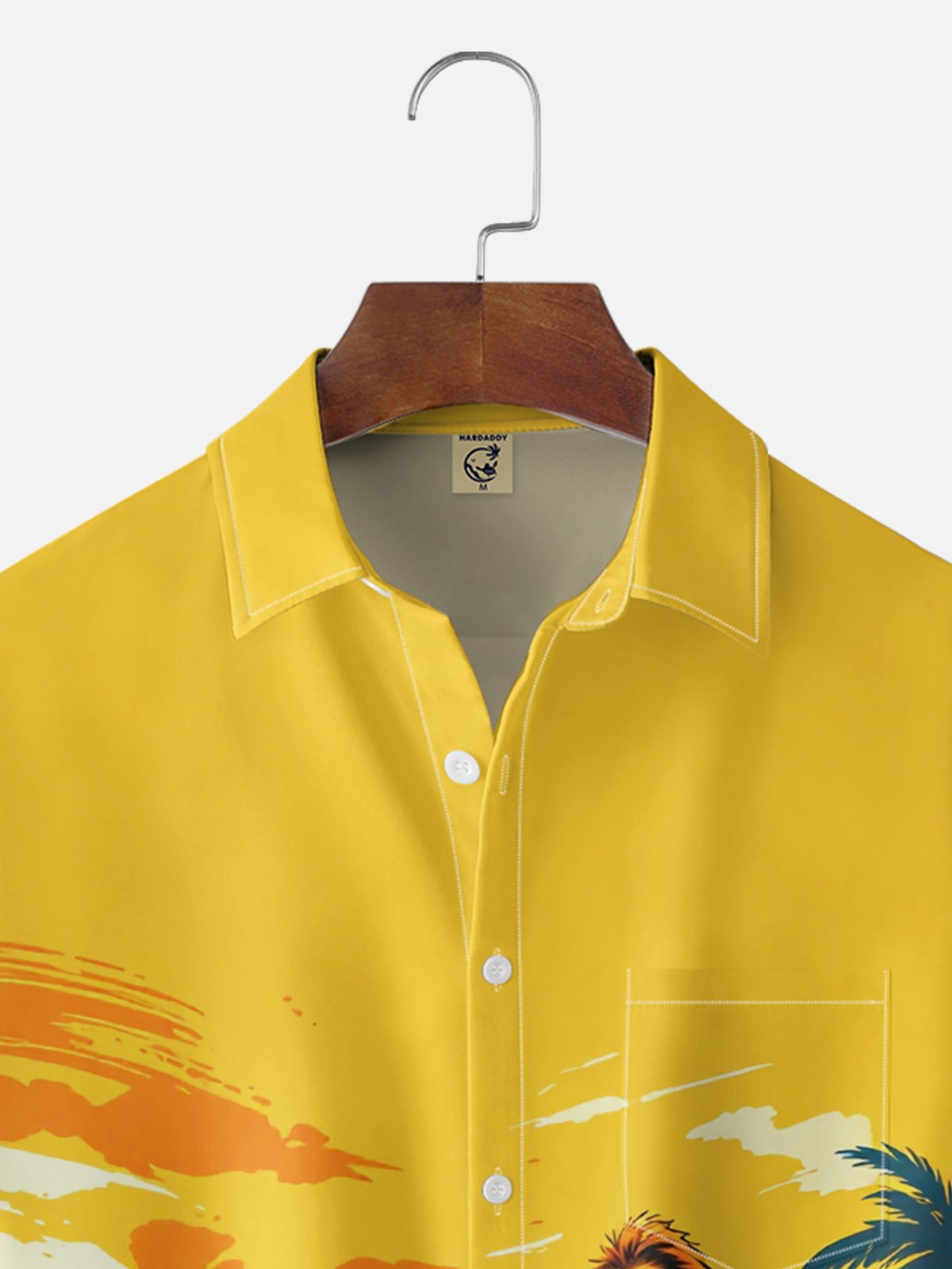 Moisture-Wicking Gradient Coconut Trees Beach And Bigfoot Print Chest Pocket Hawaiian Shirt