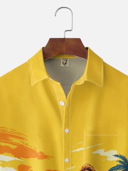Moisture-Wicking Gradient Coconut Trees Beach And Bigfoot Print Chest Pocket Hawaiian Shirt
