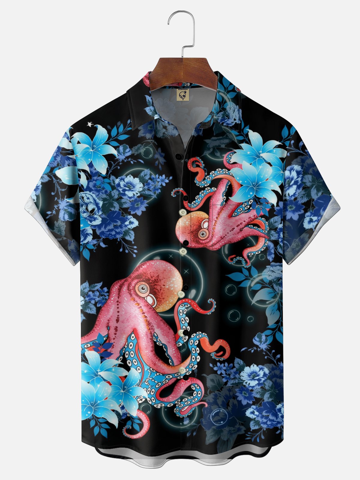 Moisture Wicking Botanical Octopus Print Chest Pocket Festive Hawaiian Shirt