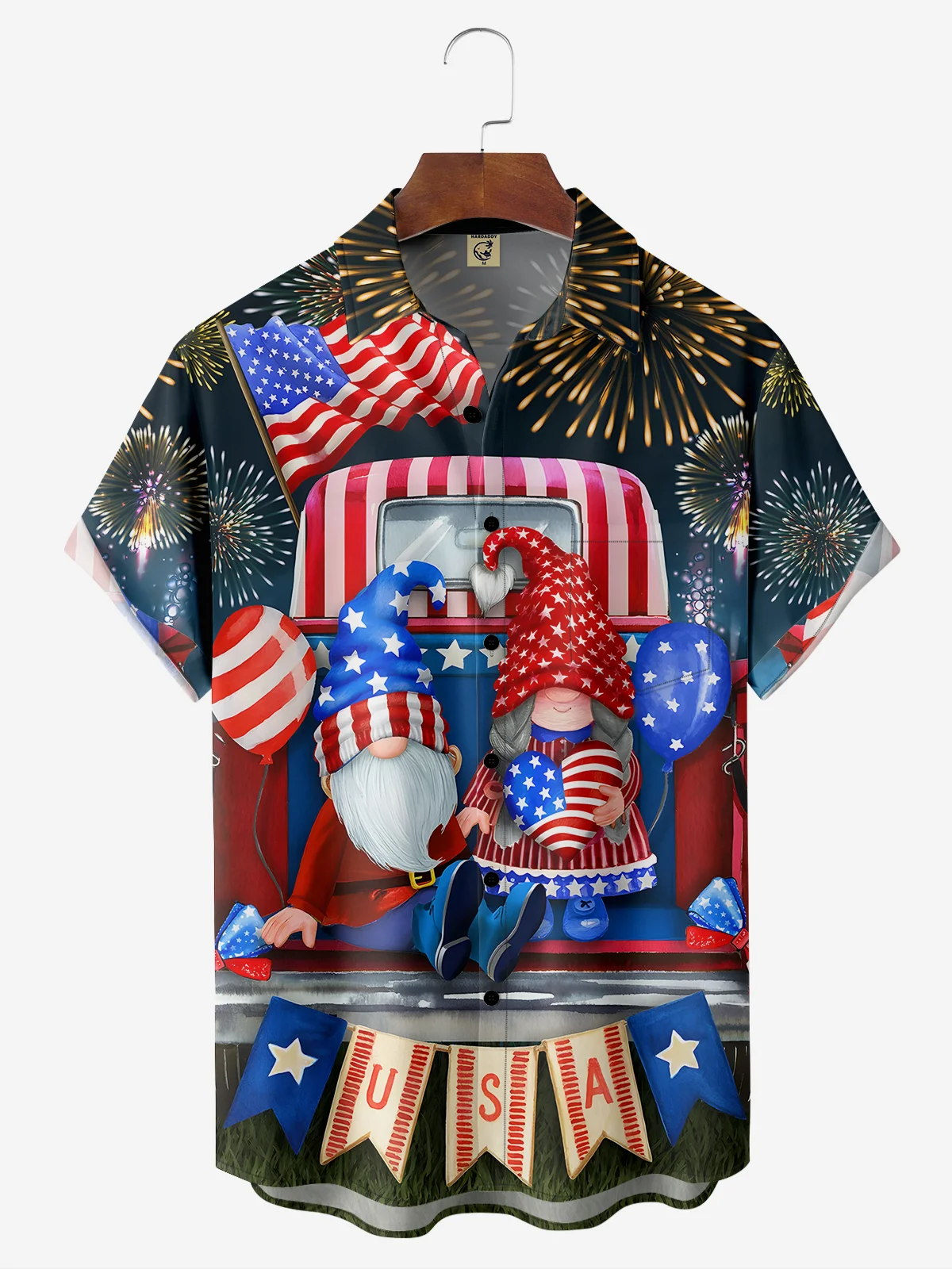 Moisture-wicking American Flag Gnome Chest Pocket Hawaiian Shirt
