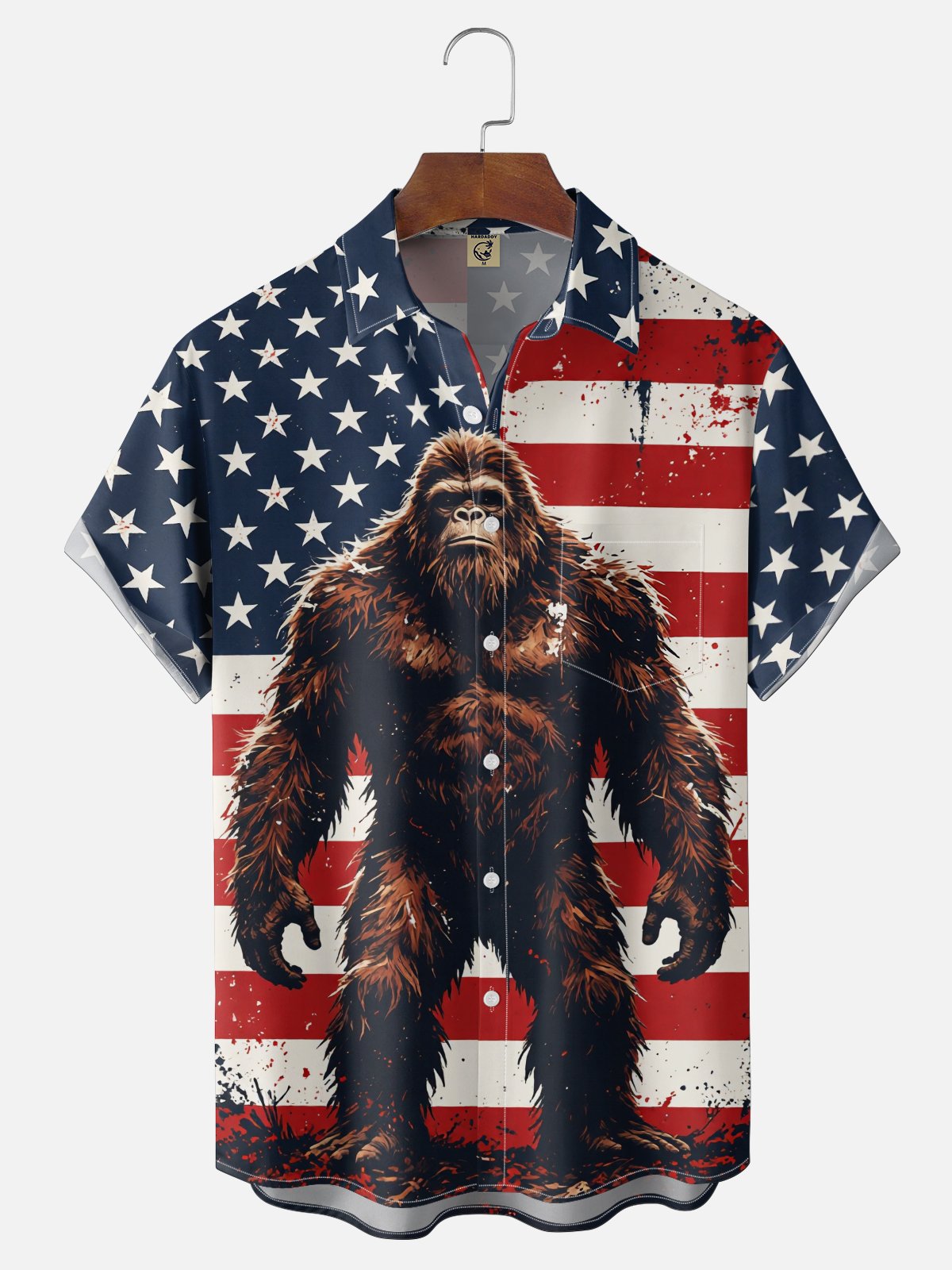 Moisture-Wicking Independence Day Gradient American Flag & Bigfoot Chest Pocket Hawaiian Shirt