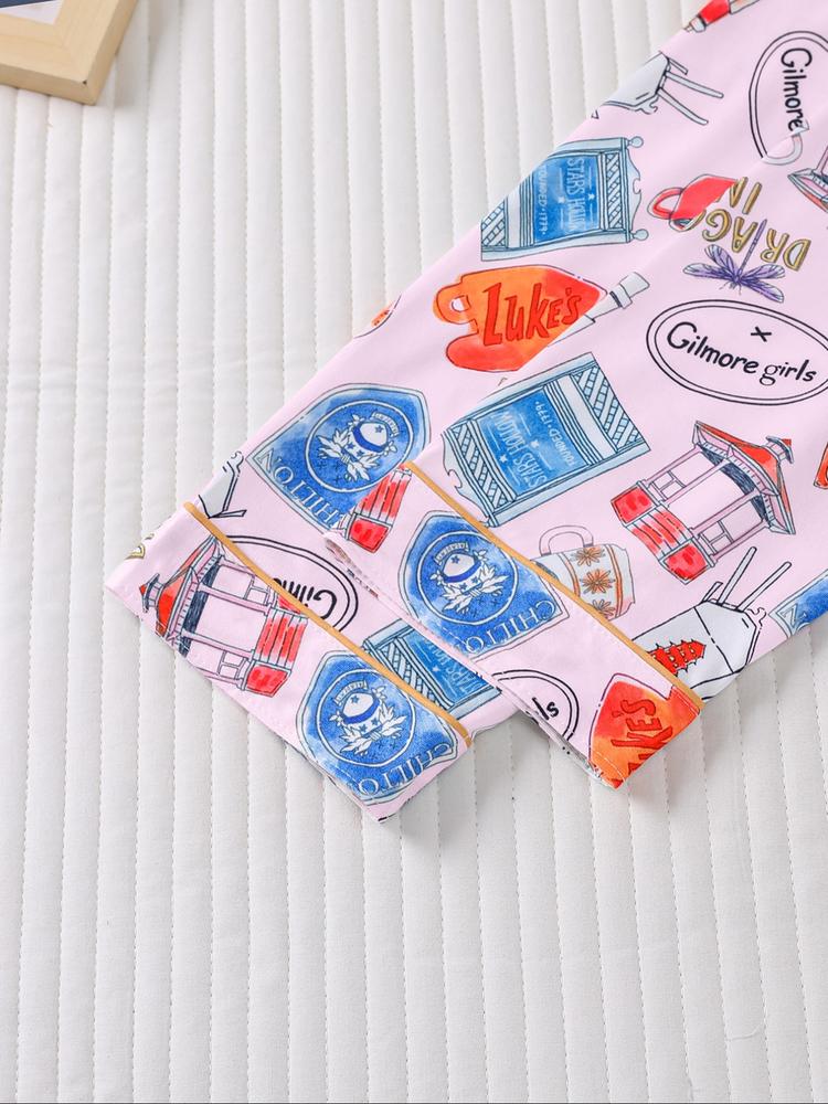 Women's Stars Hollow Gilmore Girls Pajama Set, Casual Fitted Long Sleeve Top & Elastic Pants, Comfortable Sleepwear for Holiday Party